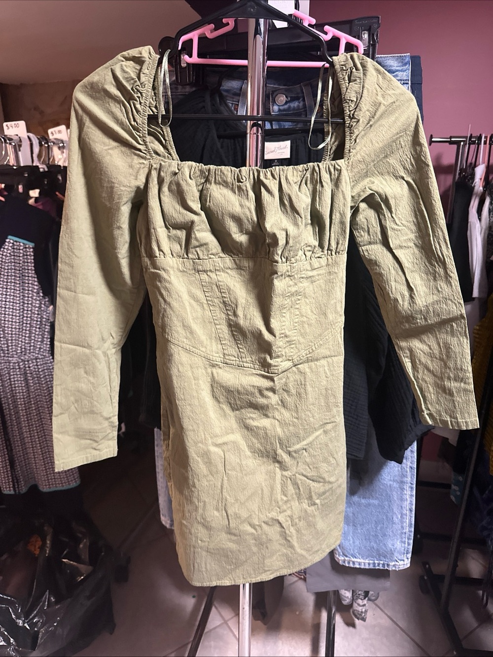 Bershka Olive Green Long-Sleeve Square-Neck Mini Dress